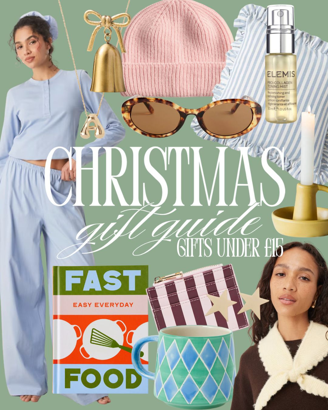 🎄 Gift Guide Part 10: Gifts Under £15 🎄| GIFTS FOR HER
✨ Anthropologie “Fast Food” Book – £14.99
✨ Anthropologie Brass Bell – £14
✨ M&S Sunglasses – £15
✨ Graham & Green Candle Holder – £7.95
✨ Elemis Toning Mist – £13
✨ Dunelm Cushion – £12
✨ Oliver Bonas Mug – £12.50
✨ ASOS Card Holder – £10
✨ Stradivarius Star Clips – £9.99
✨ ASOS Pyjama Set – £14
✨ Accessorize Initial Necklace – £10
✨ M&S Beanie – £13
✨ ASOS Knit Collar – £12

Shop the edit — everything under £15 🤍
#LTKGiftGuide #LTKHoliday #GiftsUnder15 #GiftsForHer #UKGiftGuide #StockingFillers 

 #LTKuk #LTKwinter #LTKgiftguide