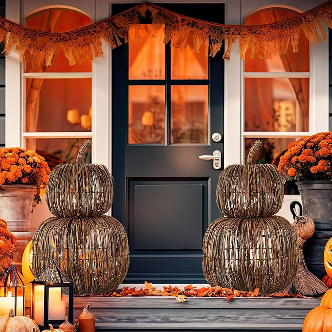 20 Inch Set of 2 Wicker Rattan Pumpkin Stackable Pumpkins Set, Natural Woven Large Pumpkin Balls ... | Amazon (US)