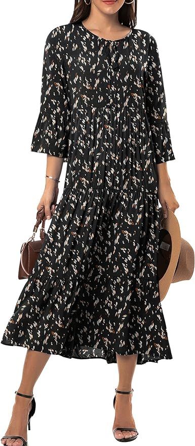 VIISHOW Womens 3/4 Sleeve Summer Boho Dress Front Tie Neck Vintage Floral Print Ruffle Hem Casual... | Amazon (US)