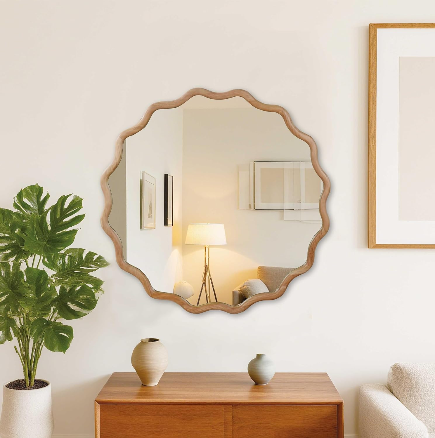 GDFStudio 36 Inch Wavy Round Solid Wood Frame Mirror, Bohemian Decorative Wall Mirror with Tempered Glass, for Bathroom, Living Room, Entryway, Farmhouse Home Decor, Natural Wood | Amazon (US)
