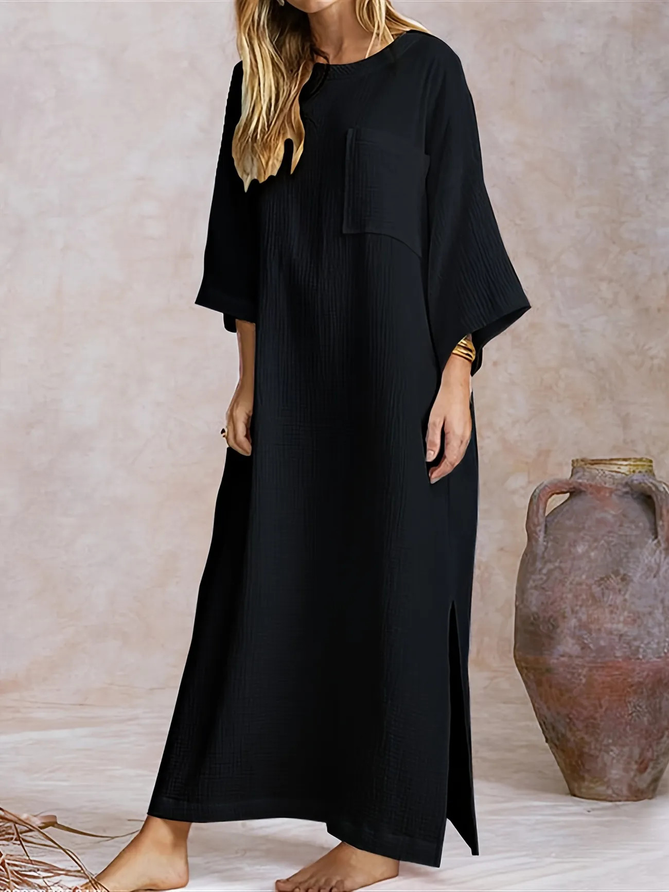 Plus Size Casual Dress, Women's Plus Solid Half Sleeve Round Neck Split Hem Maxi Dress | Temu Affiliate Program