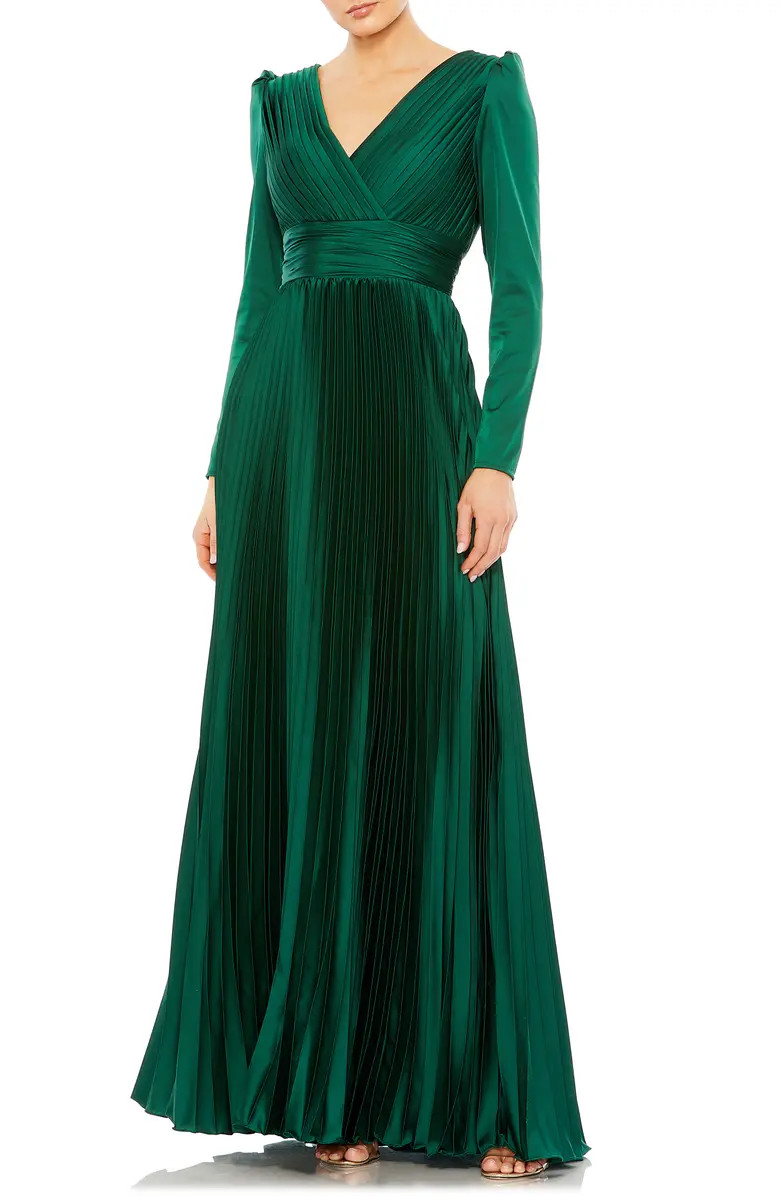 Long Sleeve Pleated Chiffon A-Line Gown | Nordstrom