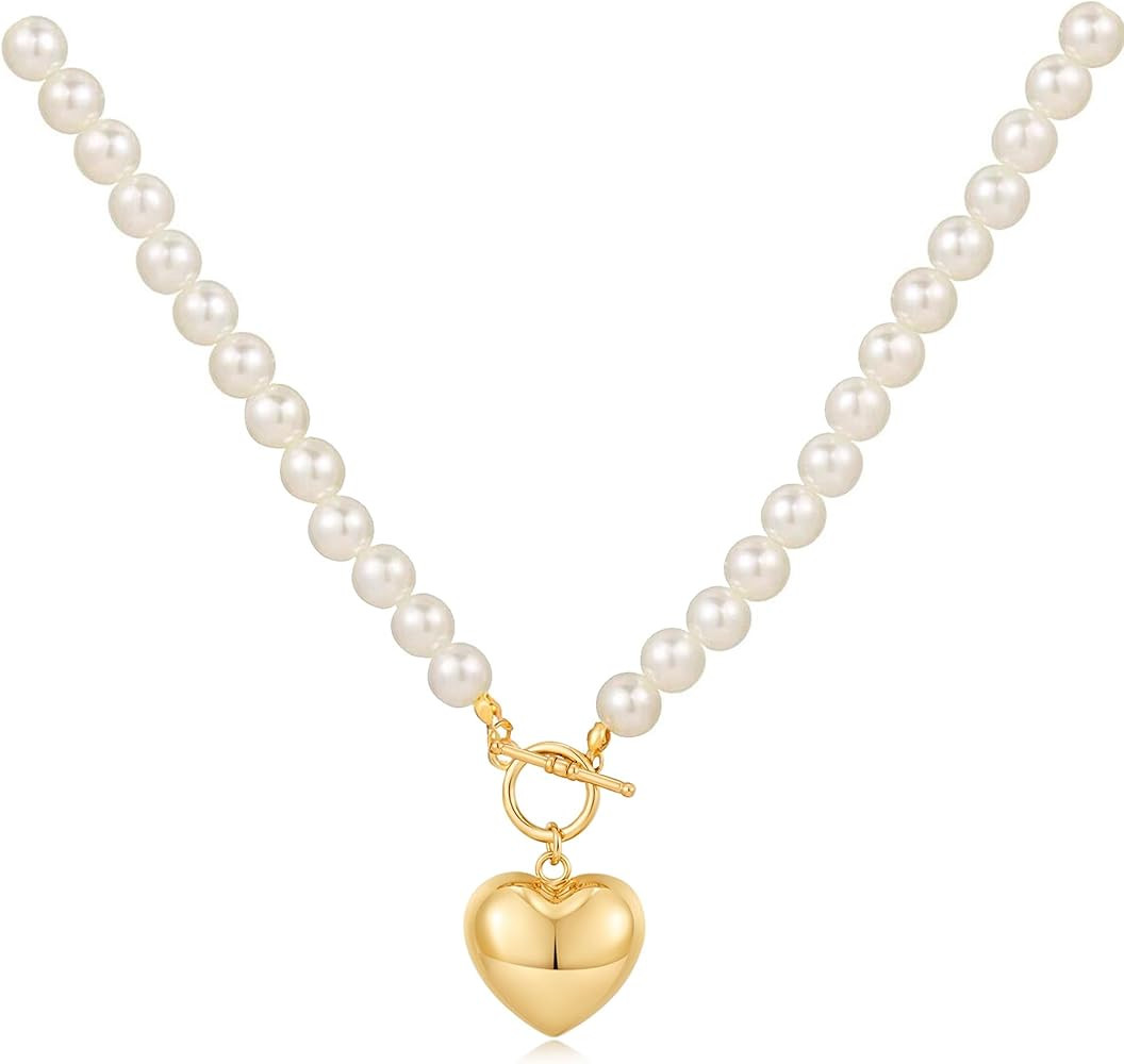 MUYAN Heart Pendant Pearl Necklaces for Women Love Toggle Clasp Necklace Valentine's Day Jewelry | Amazon (US)