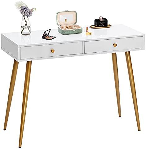 GreenForest Vanity Desk with Glossy Top 39inch White Desk with Gold Legs 2 Drawers Makeup Dressing T | Amazon (US)