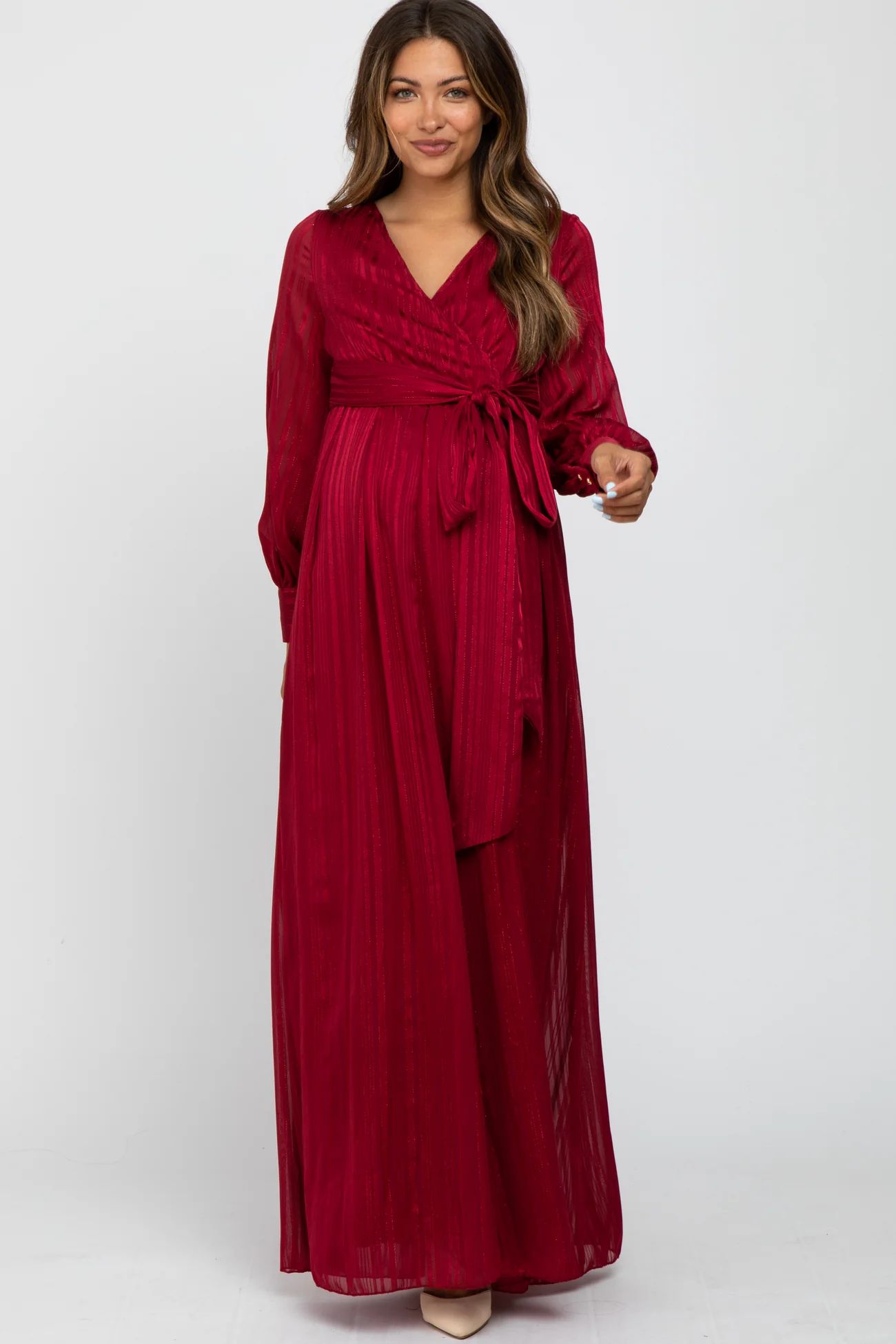 Burgundy Metallic Striped Chiffon Maternity Maxi Dress | PinkBlush Maternity
