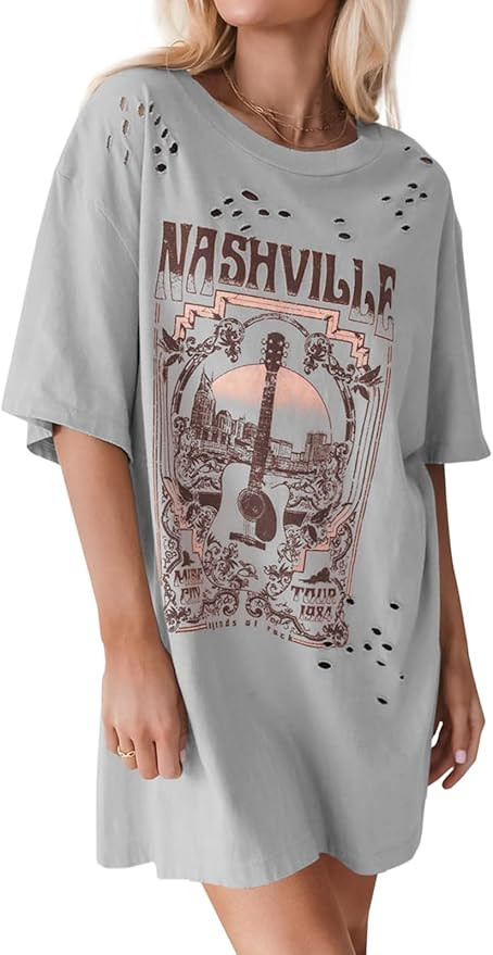 Imily Bela Womens Nashville Oversized T Shirts Country Concert Outfits Hollow Out Guitar Graphic ... | Amazon (US)