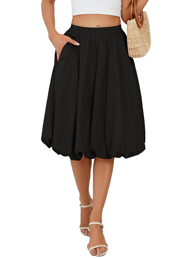 Lyrur Women's 2025 Bubble Skirts Spring Summer Elastic High Waisted A Line Ruffle Midi Skirt with... | Amazon (US)