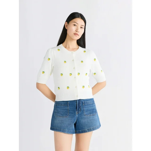 Free Assembly Women's Beaded Cardigan Sweater with Puff Sleeves, Lightweight, Size XS-XXL | Walmart (US)