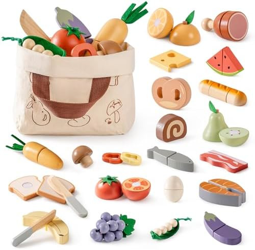 ROBOTIME Wooden Play Food 4-in-1 Cutting Set, Pretend Play Toy Food for Play Kitchen with Shoppin... | Amazon (US)