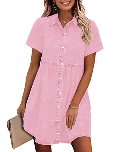 GRAPENT Denim Dress for Women Babydoll Tiered Short Sleeve Tiered Babydoll Dress for Women for Spring and Summer Vacation Outfits Color Parfait Pink Oversized Medium Size 8 Size 10 | Amazon (US)