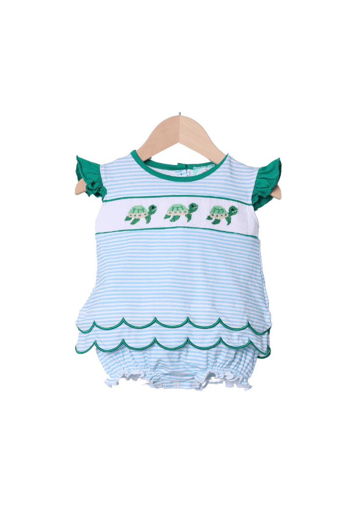 Smocked Turtle Blue/Green Stripe Skirted Bubble | The Smocked Flamingo
