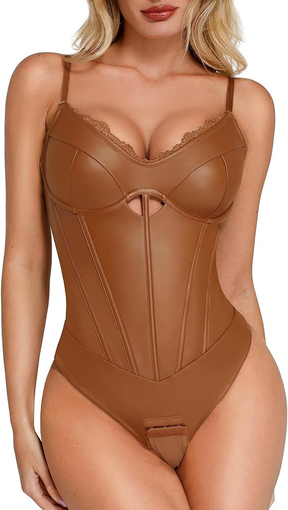 Popilush Faux Leather Bodysuit For Women Corset Tops For Going Out Tummy Control Thong Body Suit ... | Amazon (US)