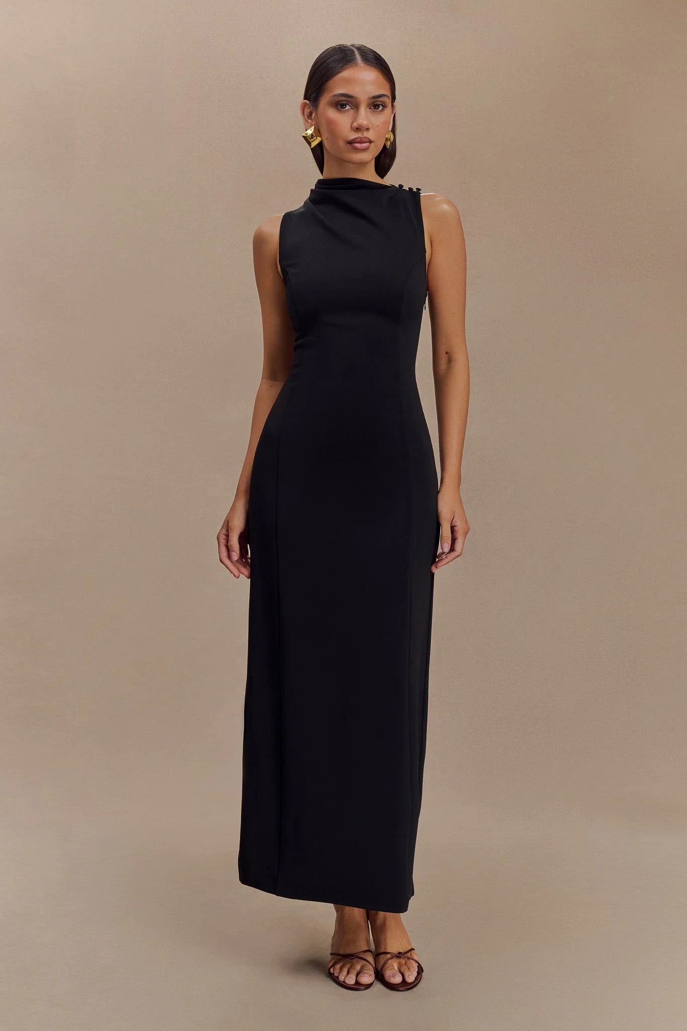 Draped Stretch Crepe Midi Dress - Black | MESHKI US