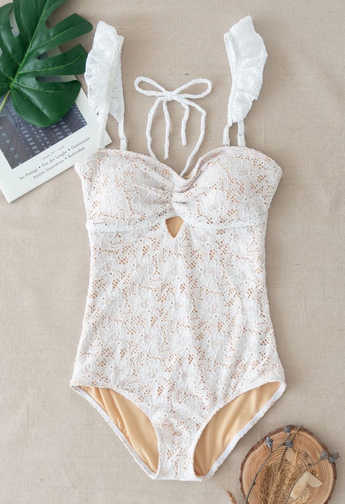 Full Lace Ruffle Halter One-Piece Swimsuit | Chicwish