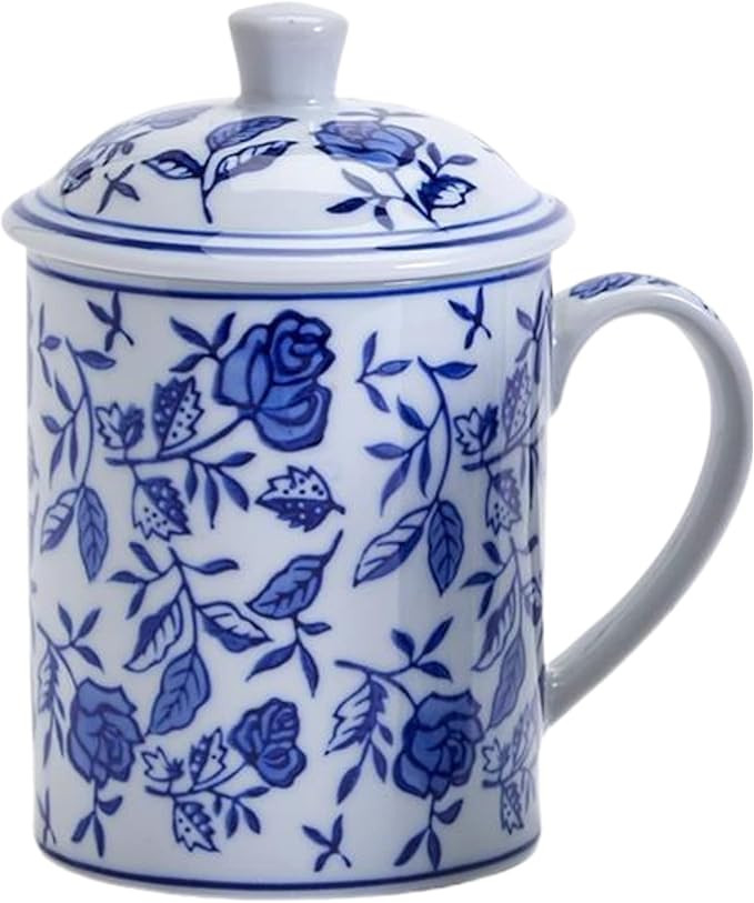 Chinoiserie Mug with Lid Rose 14 oz., Microwave and Dishwasher safe Hand-Painted Porcelain | Amazon (US)