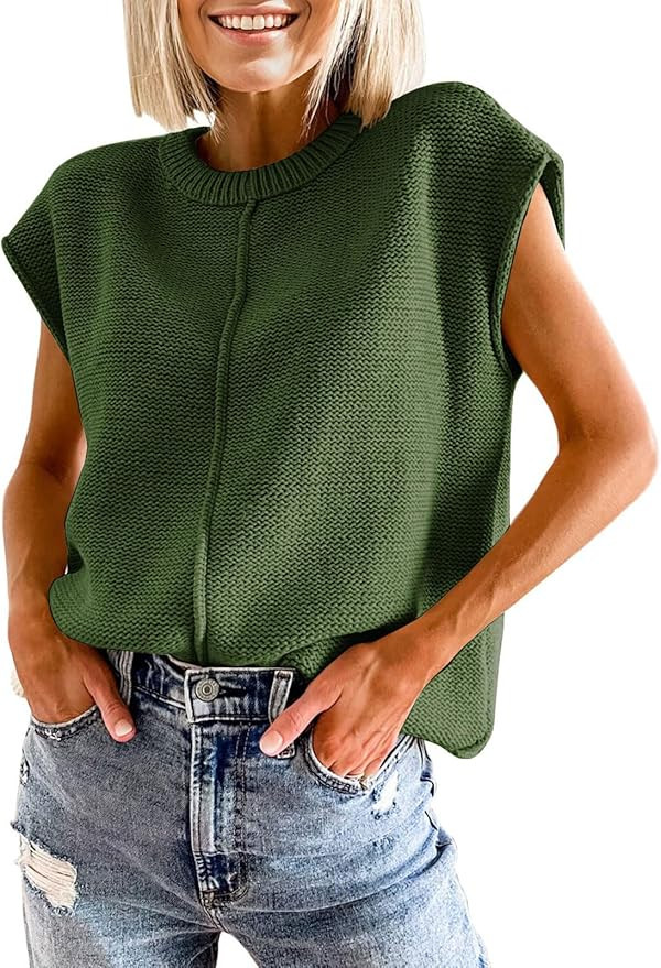 Womens Cap Sleeve Tops 2025 Trendy Tank Top Loose Knit Sweater Vests Cute Shirts Outfits Spring F... | Amazon (US)