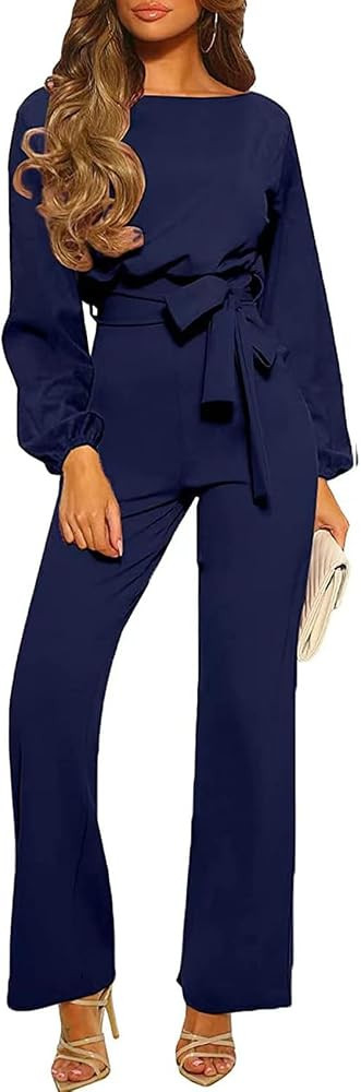 Women's Dressy Jumpsuit Fall One Piece Long Sleeve Belt Pockets Wide Leg Pants Romper Business Ca... | Amazon (US)