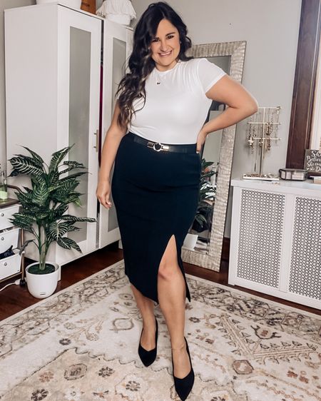 Super cute and simple work outfit in black and white! Love this knit skirt paired with my pumiey bodysuit, black block heel shoes, and stretchy belt.

Wearing an xl in the bodysuit and an xl in the skirt 

#LTKcurves #LTKFind #LTKworkwear