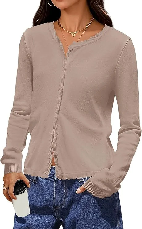 PRETTYGARDEN Long Sleeve Cardigan Sweaters for Women Lightweight Scalloped Ribbed Knit Sweater Wo... | Walmart (US)