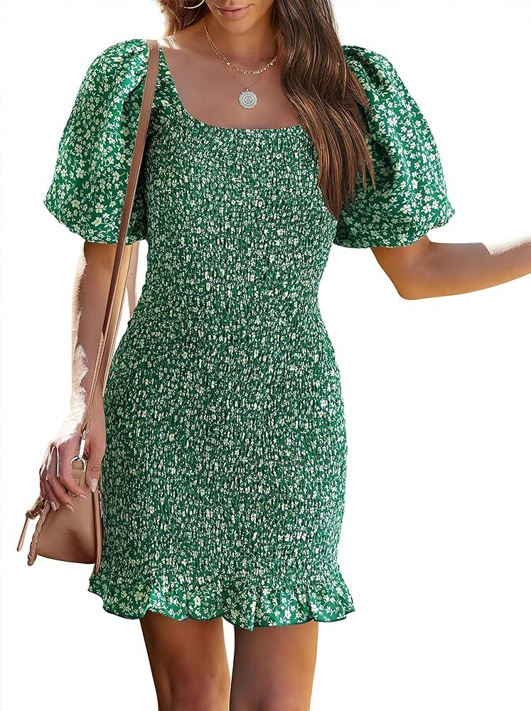 PRETTYGARDEN Women's 2024 Summer Floral Puff Sleeve Mini Dress Square Neck Ruffle Hem Bodycon Dre... | Amazon (US)