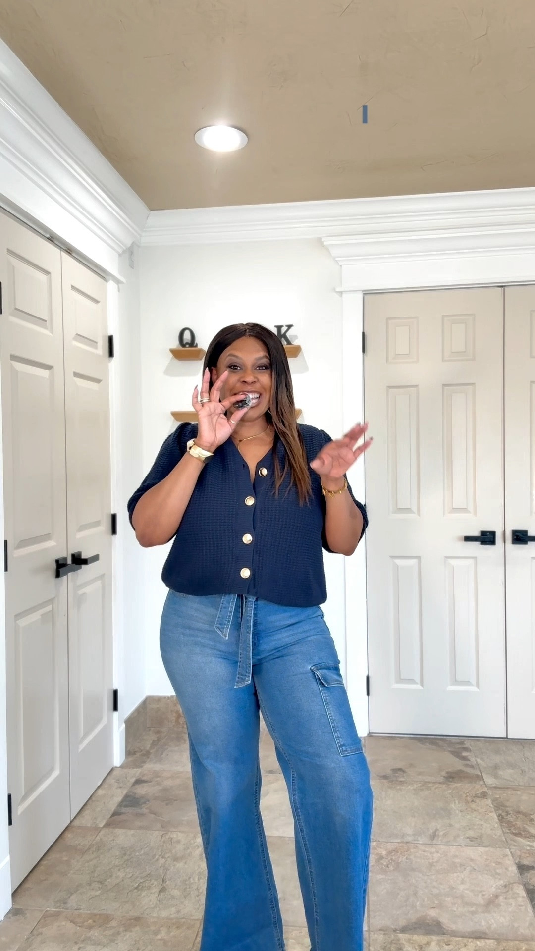 Obsessed with this combo! 🖤 This navy knit button-up top is from Tara and Skye and these wide leg cargo jeans are from Sofia Vergara’s line at Walmart — and they are AMAZING on curves! The best part? The entire outfit is under $60! 🙌 5’1” | 198 lbs | Size 12 for reference. Both pieces are linked and shoppable for you! 🛍️ Follow me on LTK so you never miss a look! 💕

#LTKBeauty #LTKPlusSize #LTKOver40