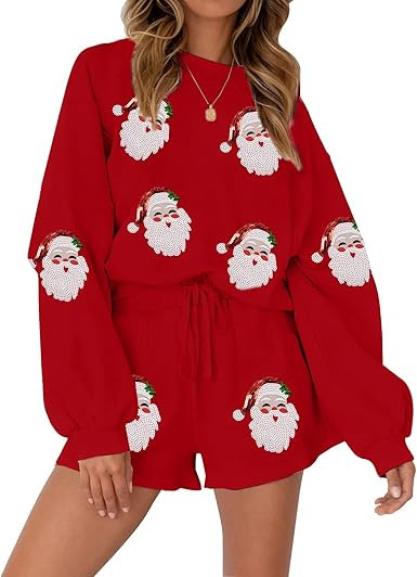 VILOVE Christmas Sweat Shorts Sets Women 2 Piece Merry Xmas Jolly Sequin Outfit Oversized Casual ... | Amazon (US)
