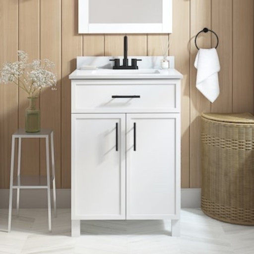 24” white bathroom vanity with stone top. 

We love this modern vanity @lowes

#LTKU #LTKHome #LTKSaleAlert