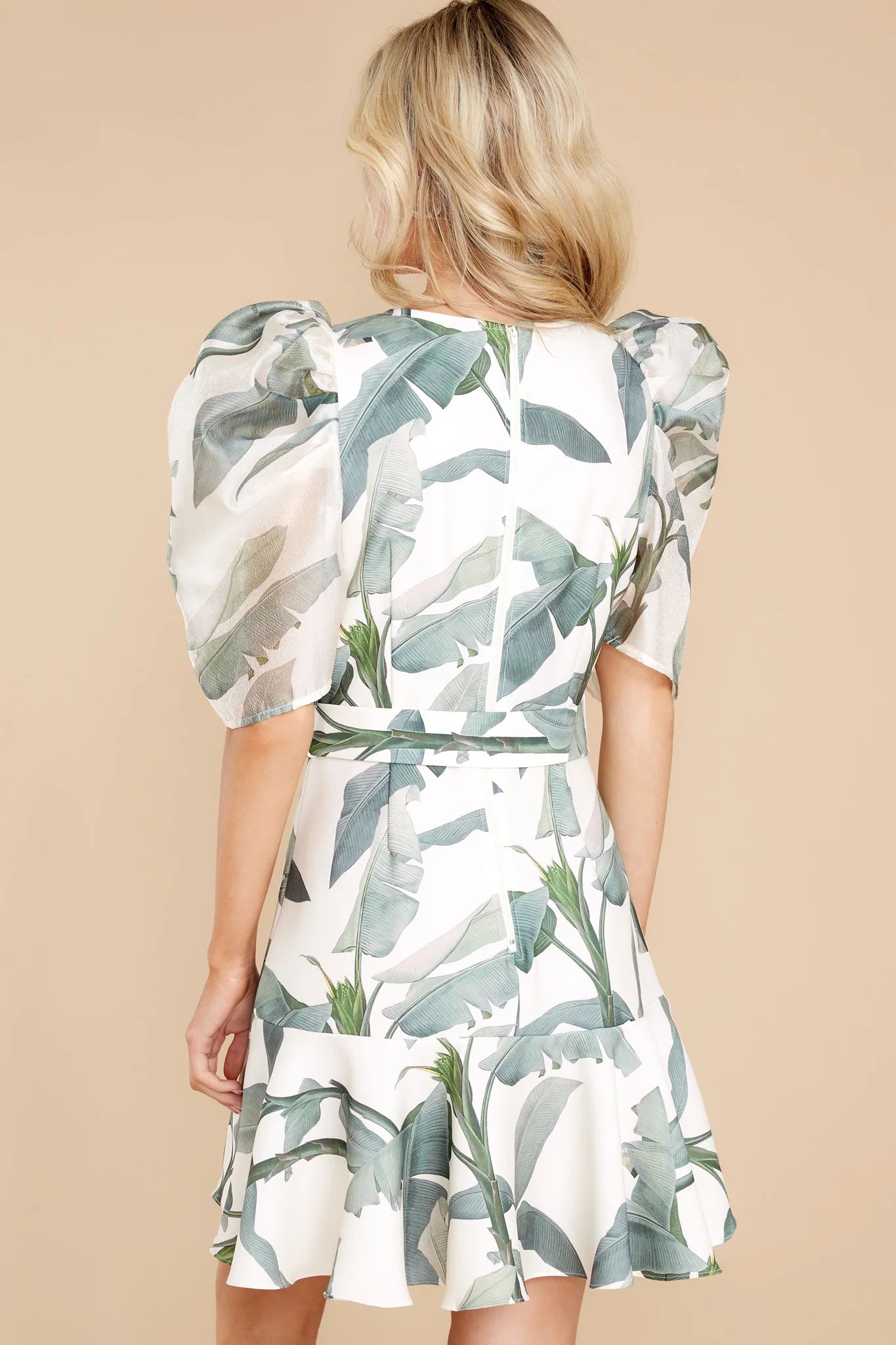 Dancing Under The Palms White And Sage Leaf Print Dress | Red Dress 