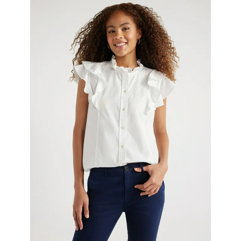 Free Assembly Women’s Cotton Ruffle Shirt with Short Sleeves, Sizes XS-XXL | Walmart (US)