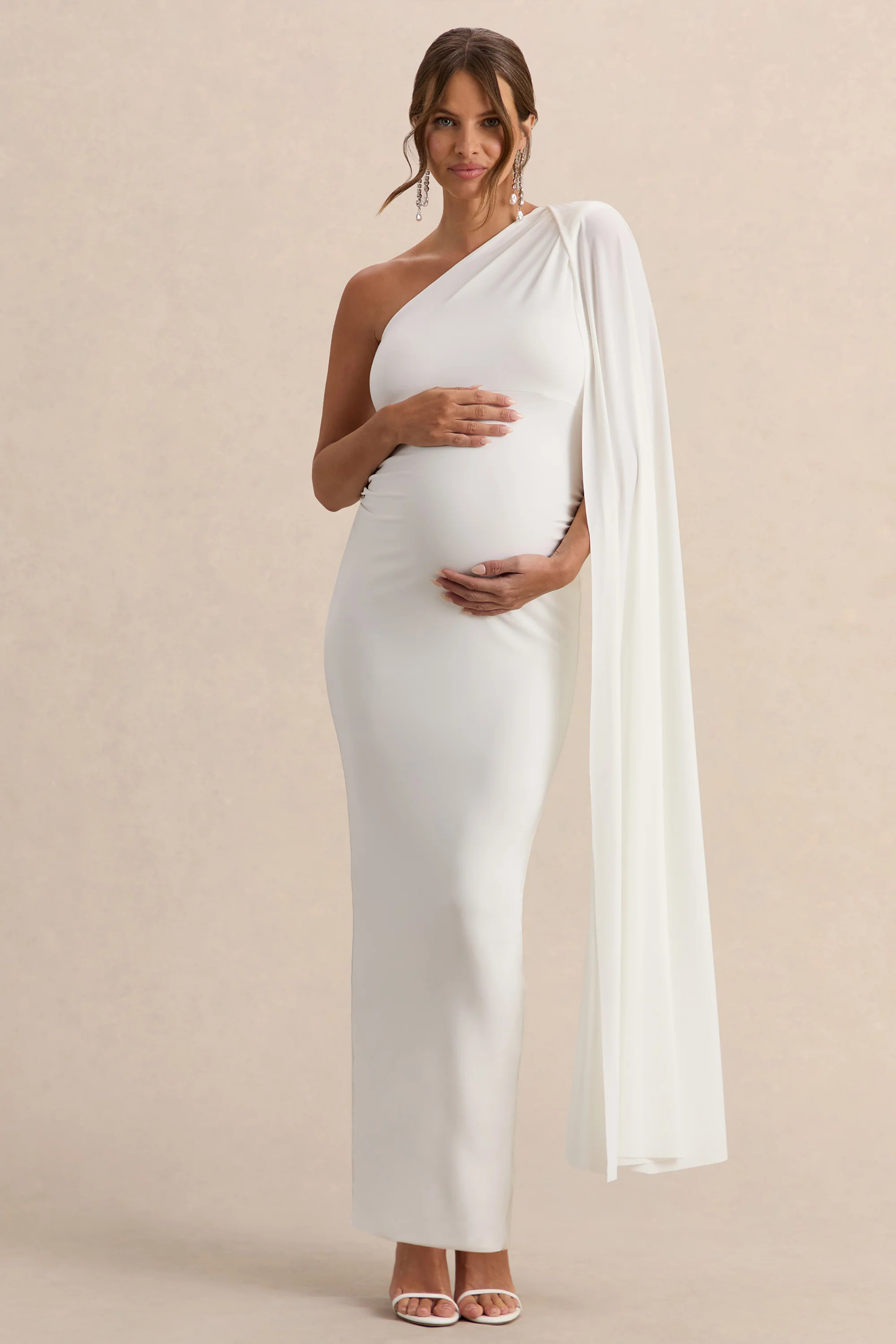 Amaryllis | White Maternity One Shoulder Maxi Dress with Cape Sleeve | Club L London