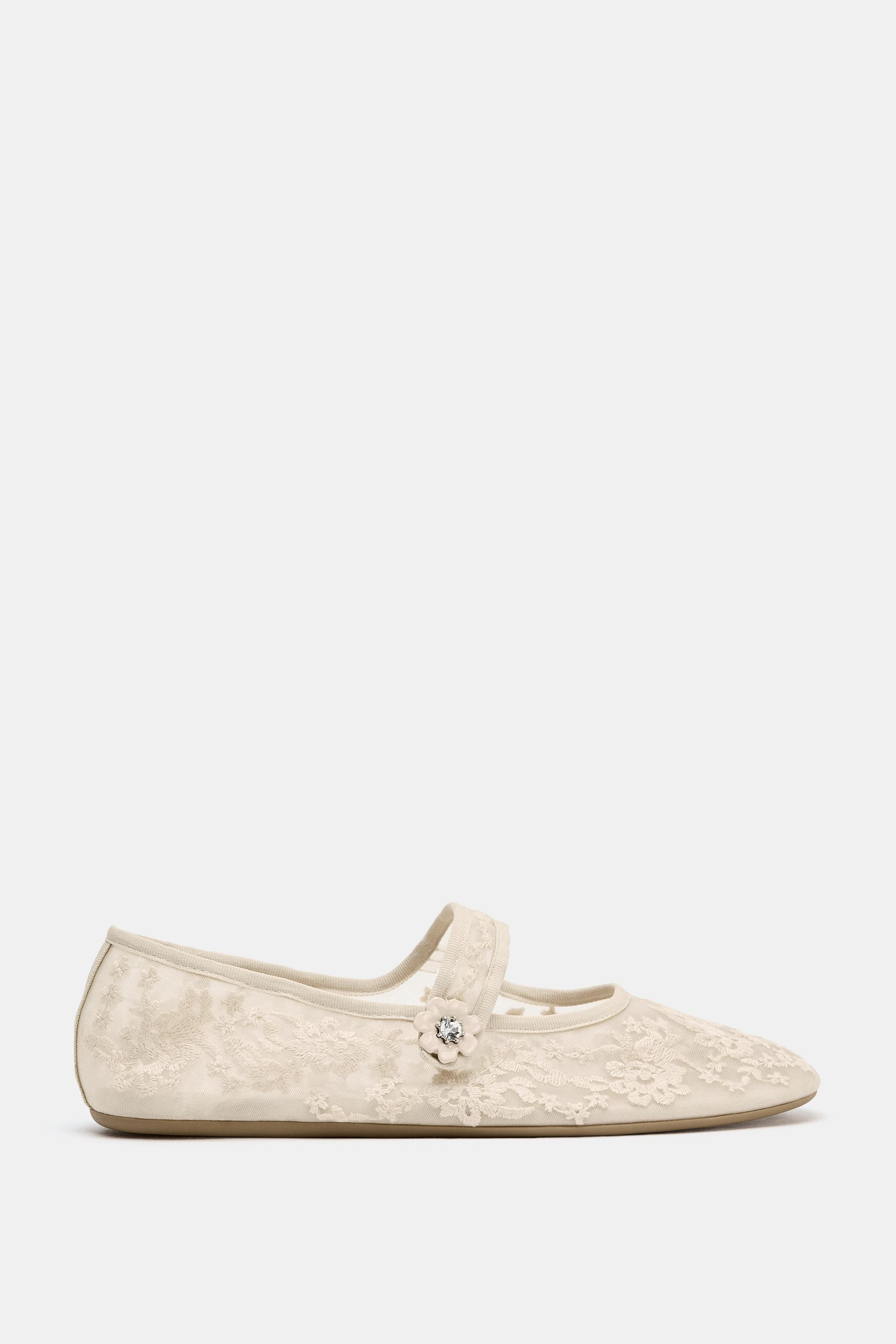 Embroidered fabric ballet flats. Featuring a rhinestone flower appliqu\u00e9 on the instep strap.... | Zara US