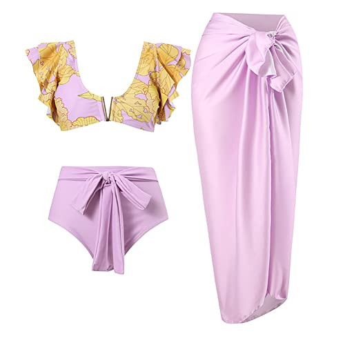 Swimsuit with Cover up Set for Women, Retro Floral Sleeveless Push up Bikini Top and High Waist Bottom Bathing Suit with Chiffon Beach Sarong Wrap Skirt Swimwear 3 Piece Set Lavender-3pcs L | Amazon (US)