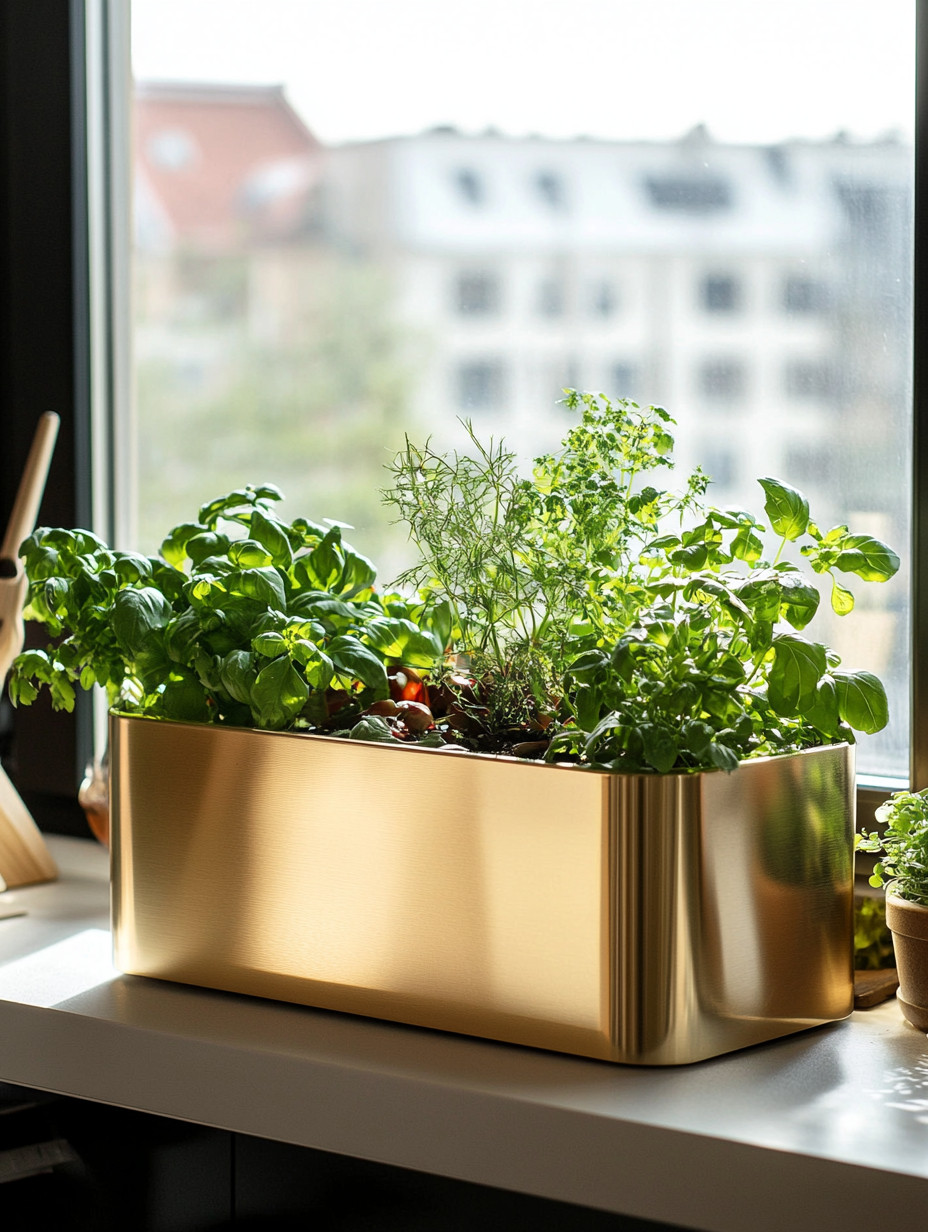 Add an elegant rectangular gold planter filled with fresh herbs to instantly elevate your kitchen styling. Placed on a kitchen counter, island, or by a sunlit window, this piece blends function with beauty—bringing greenery, warmth, and a refined metallic accent into everyday cooking spaces. The structured shape of the planter keeps the look clean and modern, while living herbs add freshness, texture, and a sense of intentional living. Rotate its placement throughout the kitchen to refresh the space effortlessly; this single design element works beautifully from every angle, proving that practical pieces can also be timeless decor.
#kitchenstyling #herbgarden #quietluxury 

 #LTKHome