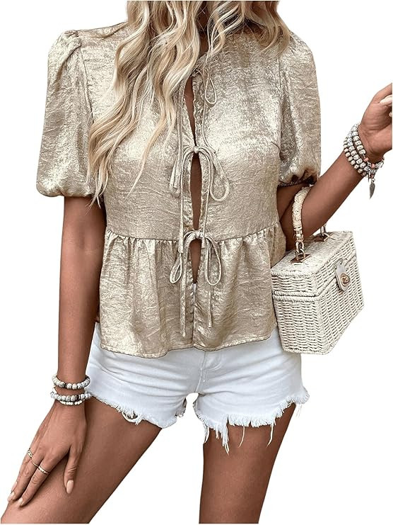 OYOANGLE Women's Tie Front Babydoll Blouses Crew Neck Puff Short Sleeve Ruffle Hem Peplum Top | Amazon (US)