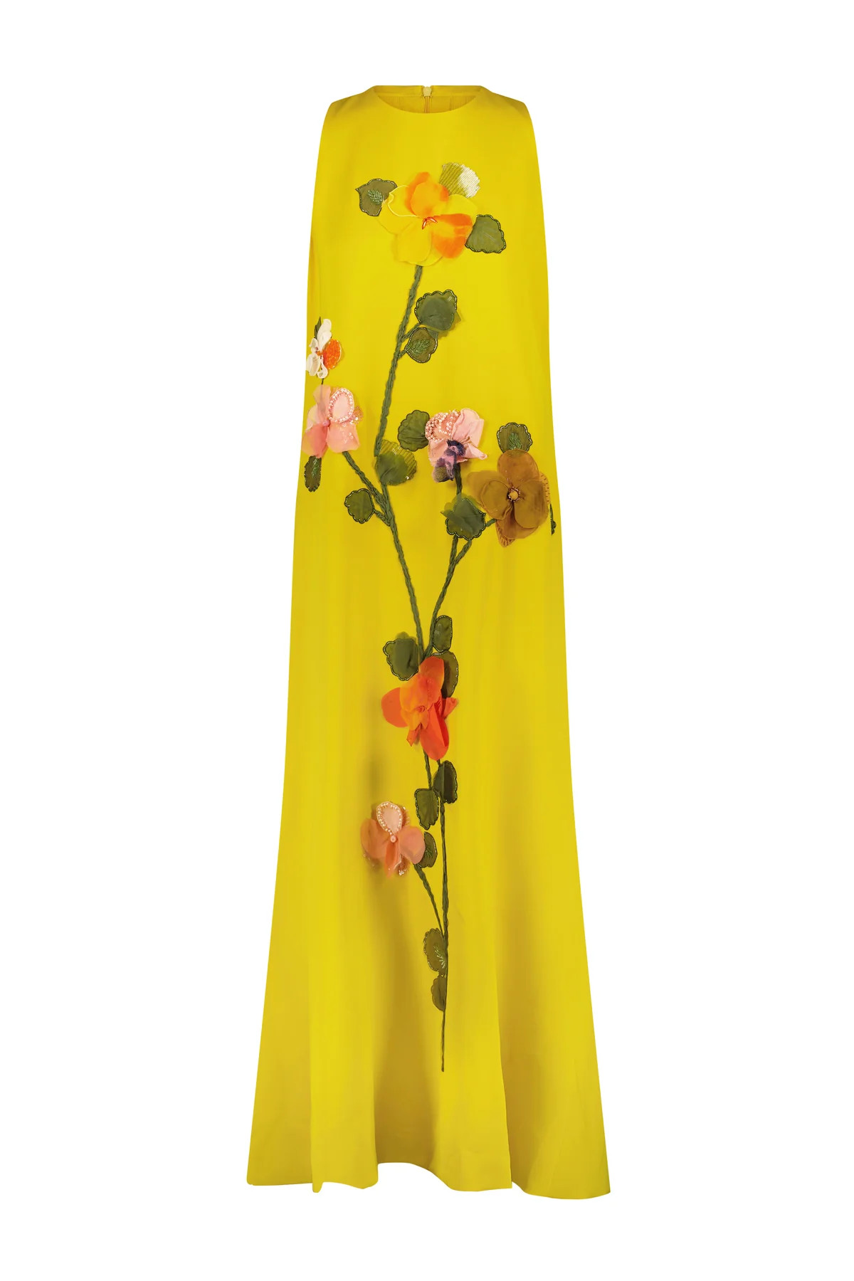 Fluid Crepe Floral Embroidery Francie Gown in Mustard Multi | Over The Moon