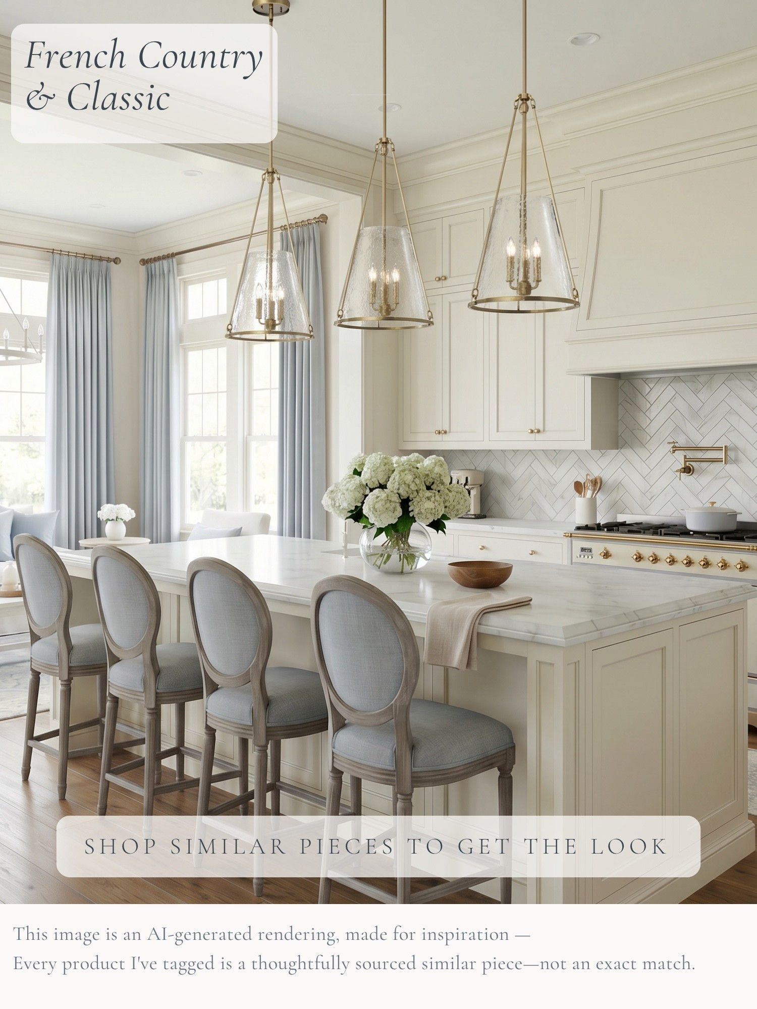 French country without feeling overly rustic. 🤍 Soft blue upholstery, creamy cabinetry, warm brass, and those beautiful lantern pendants give this kitchen just the right mix of relaxed and refined.

I love how the classic silhouettes keep the room timeless while the lighter palette makes everything feel fresh and bright. I’ve tagged thoughtfully sourced similar pieces to help you get the look at home.

AI-generated design concept for inspiration • Tagged products are thoughtfully sourced similar pieces, not exact matches • Affiliate links may be used. As an Amazon Associate, I earn from qualifying purchases.

#LTKHome