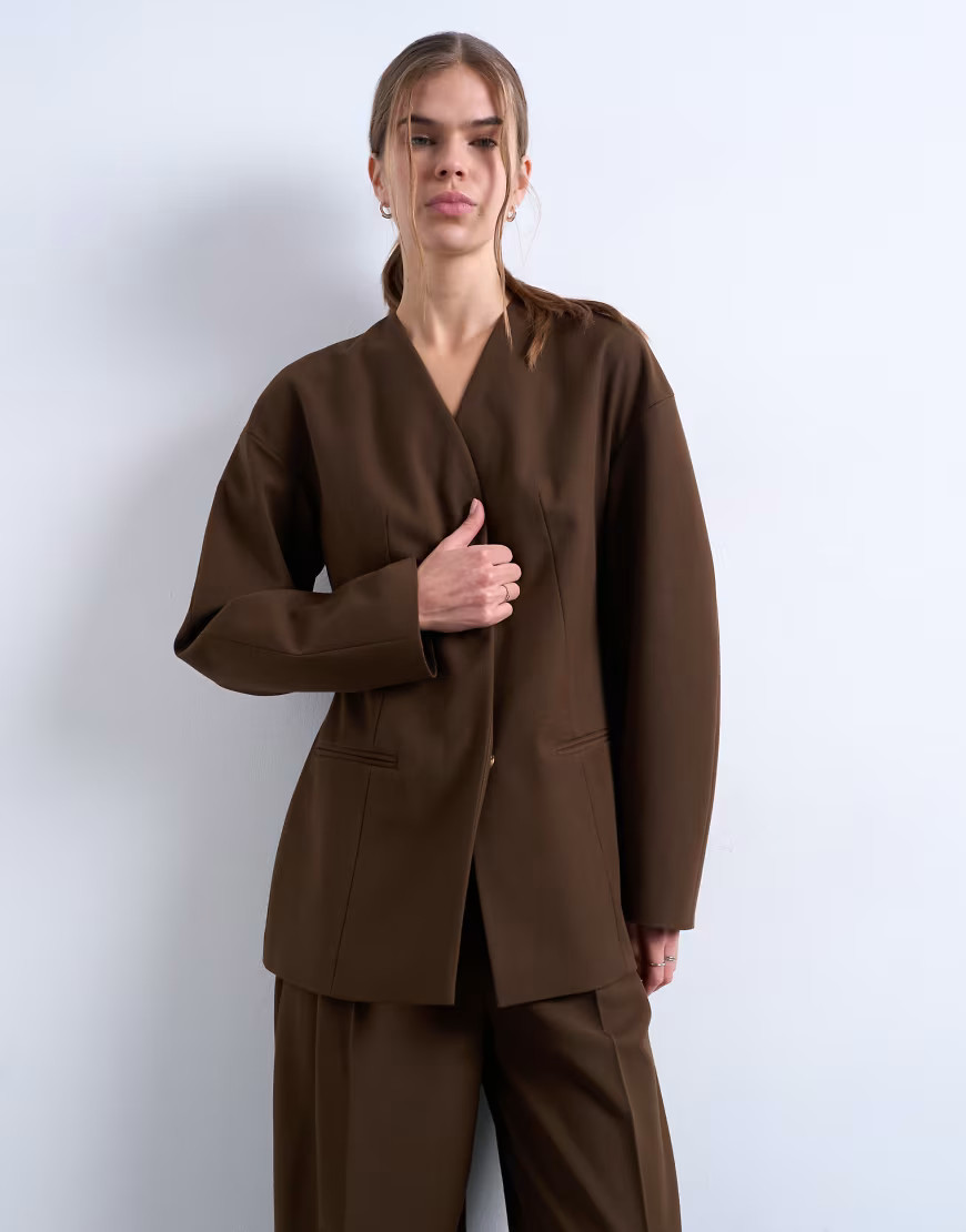 Topshop collarless ovoid sleeve blazer in chocolate - part of a set-Multi | ASOS (Global)