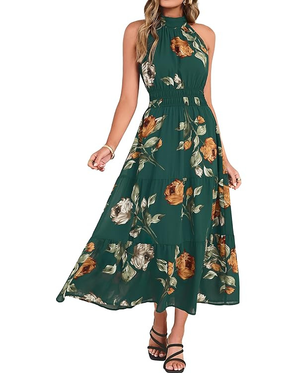 Simplee Womens Summer Halter Wedding Guest Dress Maxi Floral Vacation Boho Sundresses Flowy Forma... | Amazon (US)