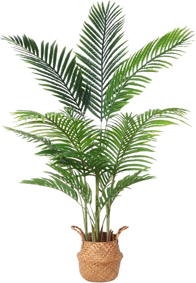 Artificial Areca Palm Plants 4.6Ft Fake Dypsis Lutescens Tree with 15 Trunks in Pot and Woven Sea... | Amazon (US)