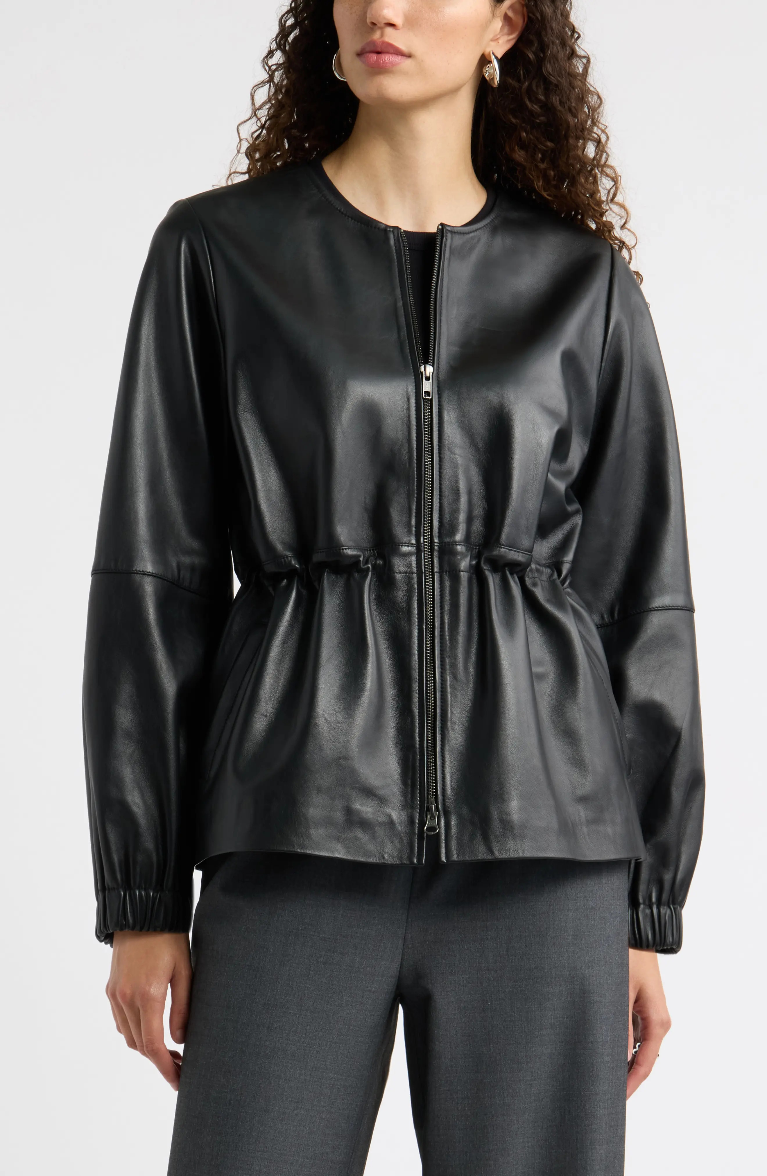 Nordstrom Cinch Waist Leather Jacket in Black at Nordstrom, Size X-Small | Nordstrom