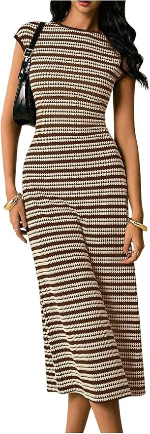 SOLY HUX Women's Striped Dress Crewneck Cap Sleeve Bodycon Knit Summer Midi Dresses | Amazon (US)