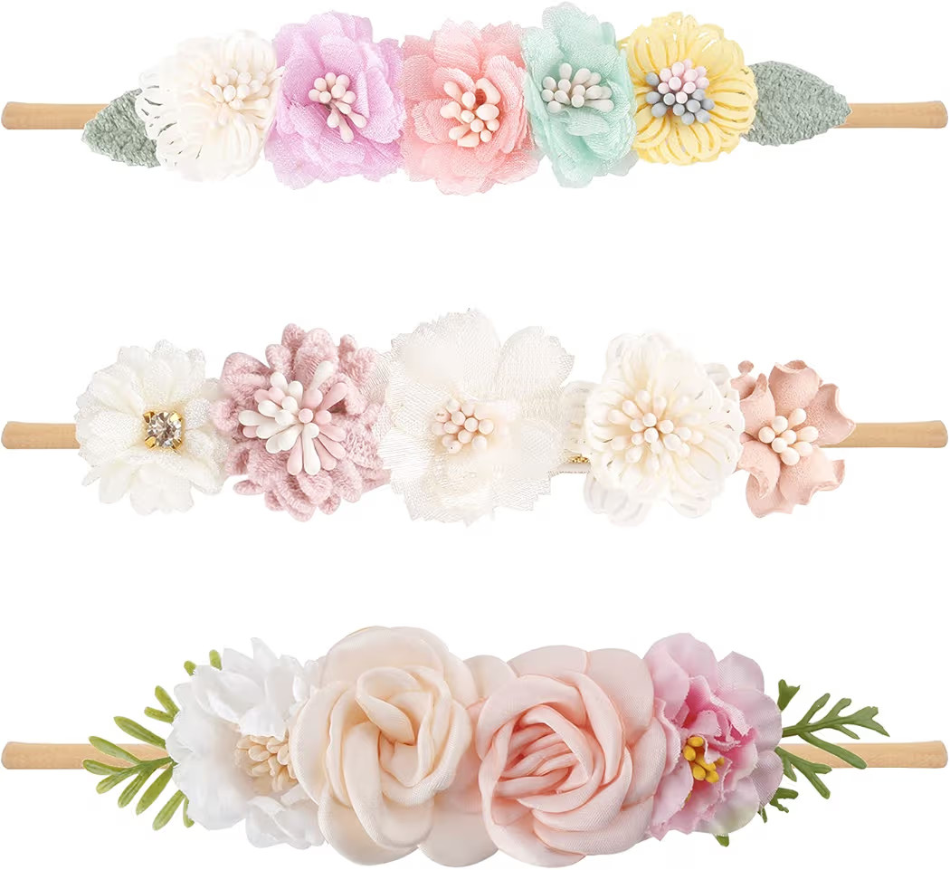 Nylon Headbands, Flower Hair Bows, Elastic Hair Band Crown, Handmade FLoral Wraps 3Pcs | Amazon (US)