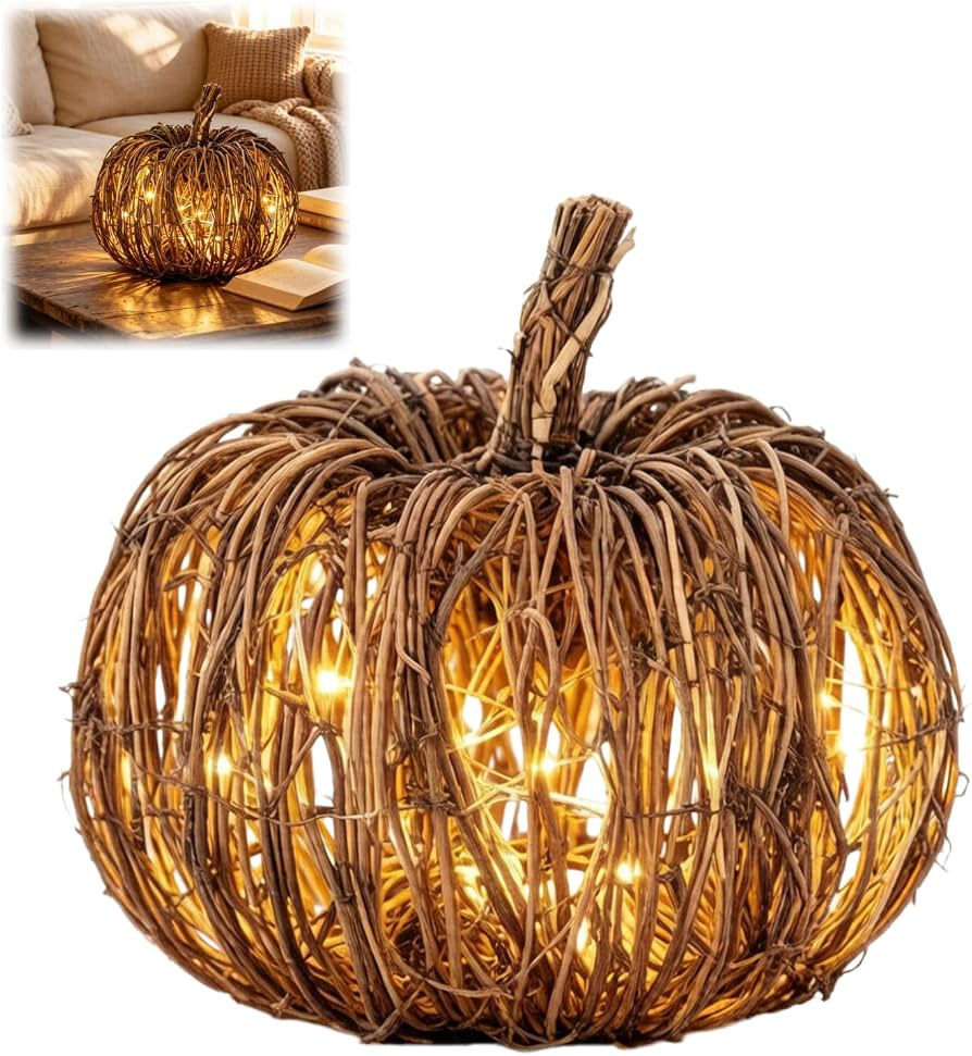 Rattan Pumpkin Lantern with LED Lights, Handwoven Light up Pumpkin Fall Decor, Battery Operated H... | Amazon (US)