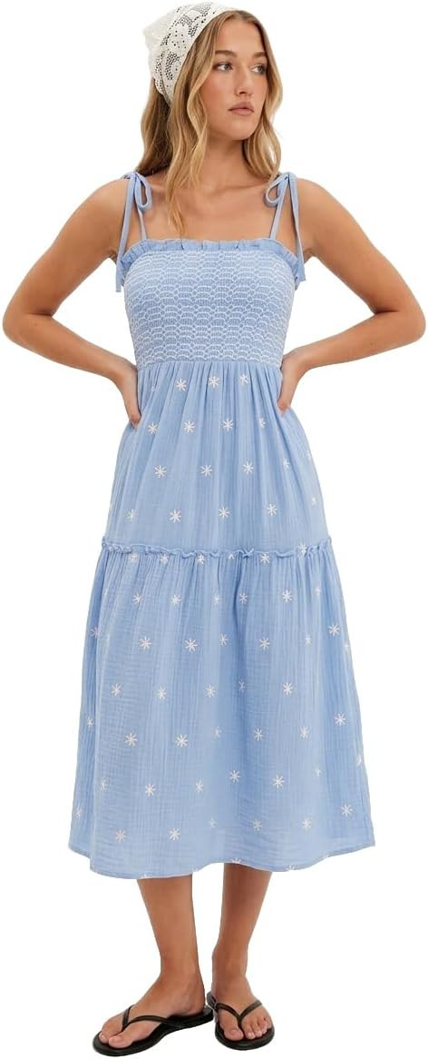 Women Floral Embroidered Maxi Dress Boho Sleeveless Tie Strap Shoulder Dresses Smocked Summer Sun... | Amazon (US)