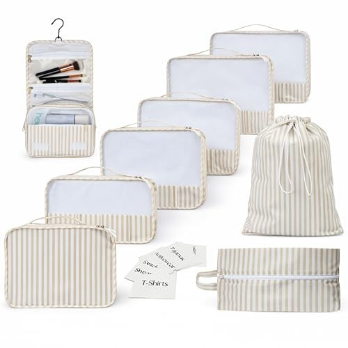 Foxy Traveler Packing Cubes Set – Cute Packing Cubes for Travel, Luggage Organizer Bags for Suitcase, For Kids & Family, Floral, Neutral & Aesthetic Travel Organizer Set -Stripe | Amazon (US)