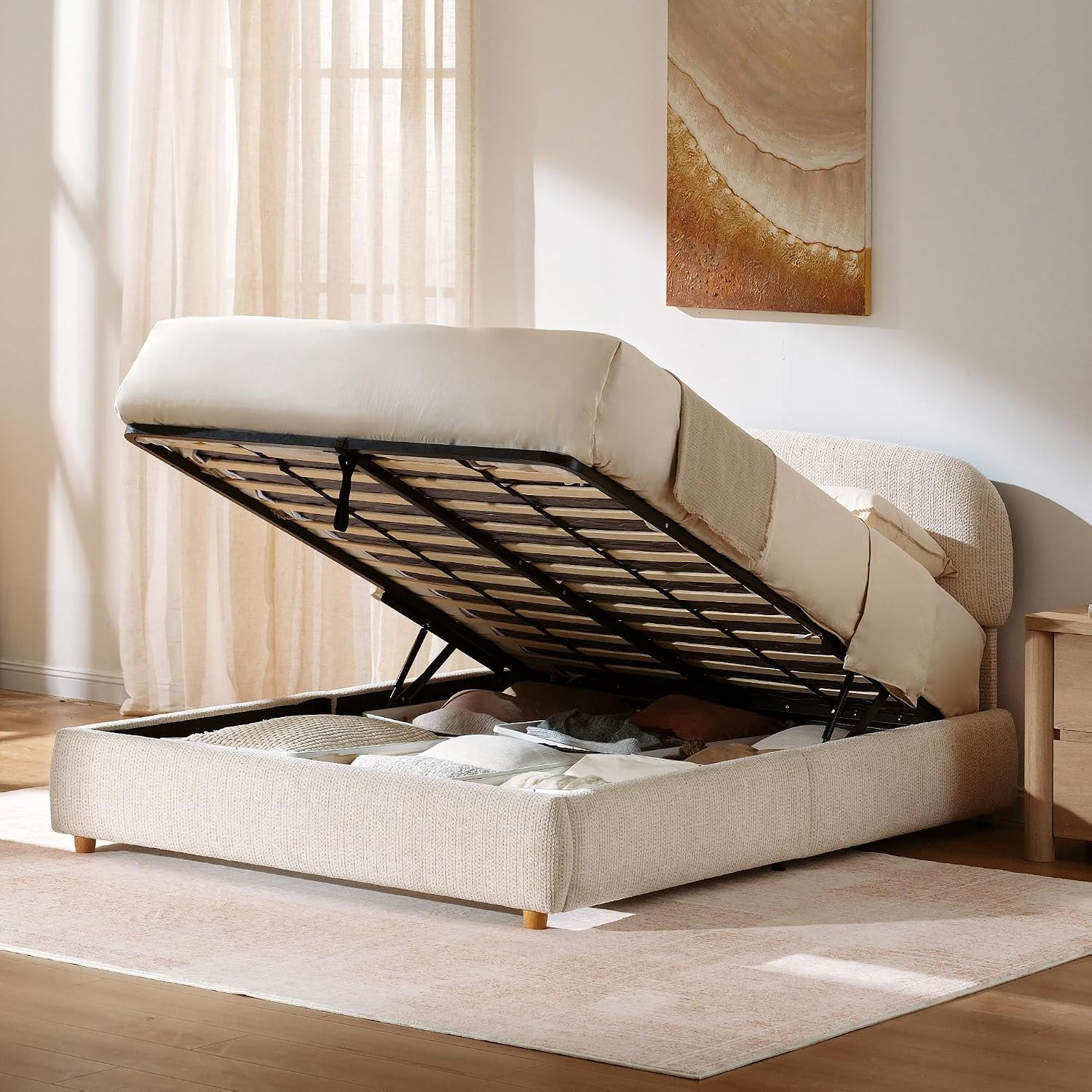 Queen Lift Up Storage Bed Frame with Adjustable Headboard, Beige | Amazon (US)