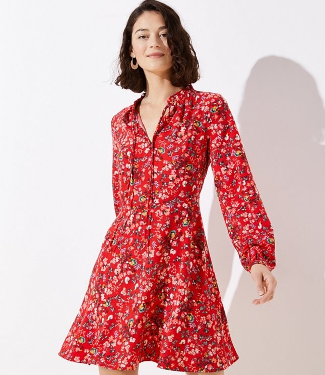Primrose Tie Neck Flare Dress | LOFT | LOFT