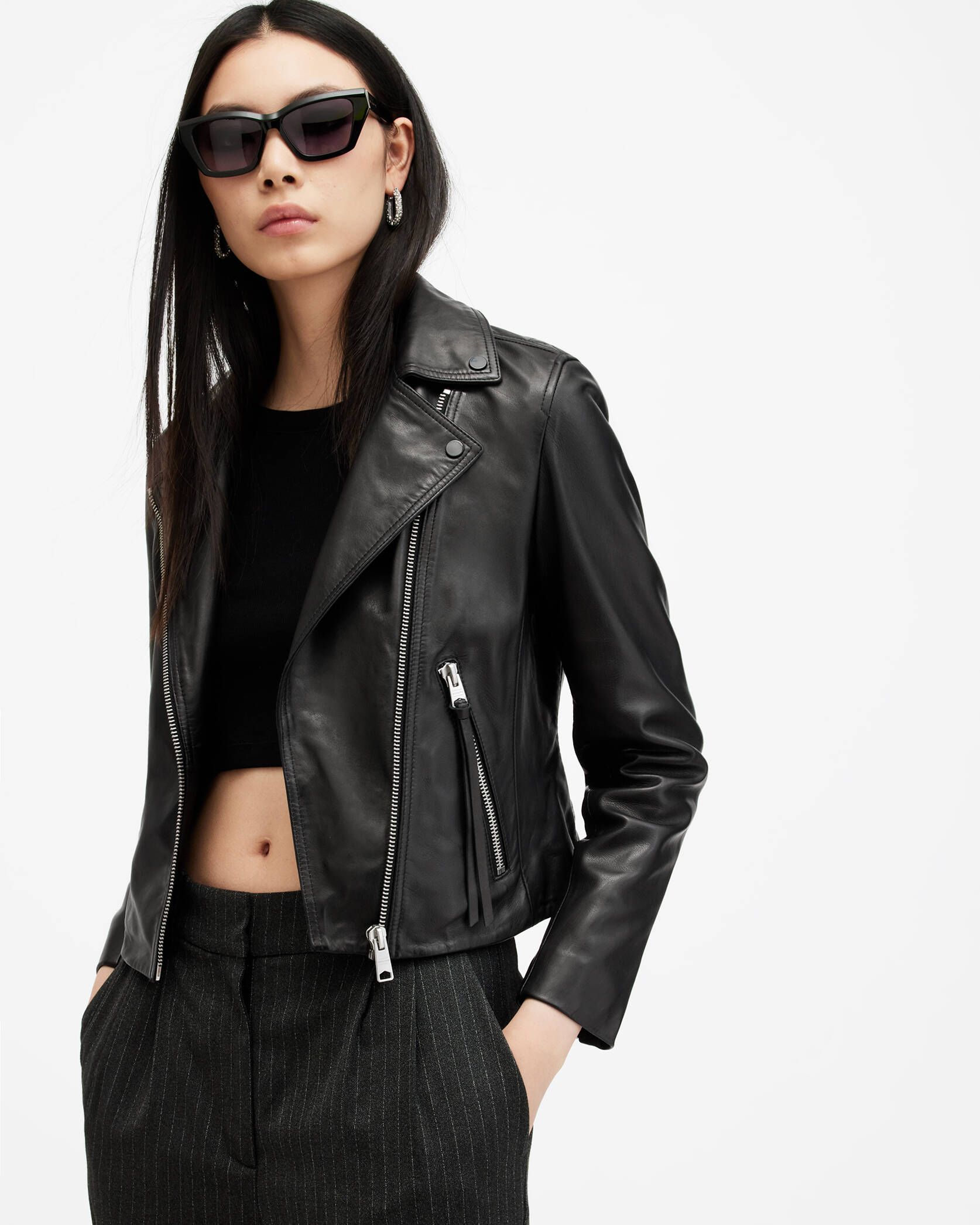 Dalby Slim Fit Leather Biker Jacket Black | ALLSAINTS US | AllSaints US