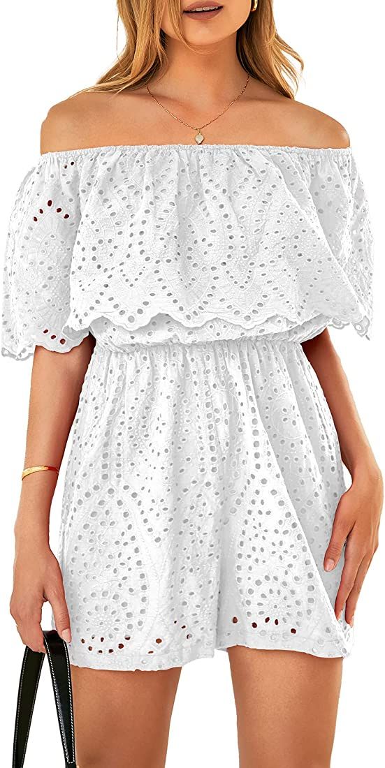 PRETTYGARDEN Women's Embroidery Rompers Dressy 2023 Summer Casual Off Shoulder Ruffle Shorts Jumpsui | Amazon (US)