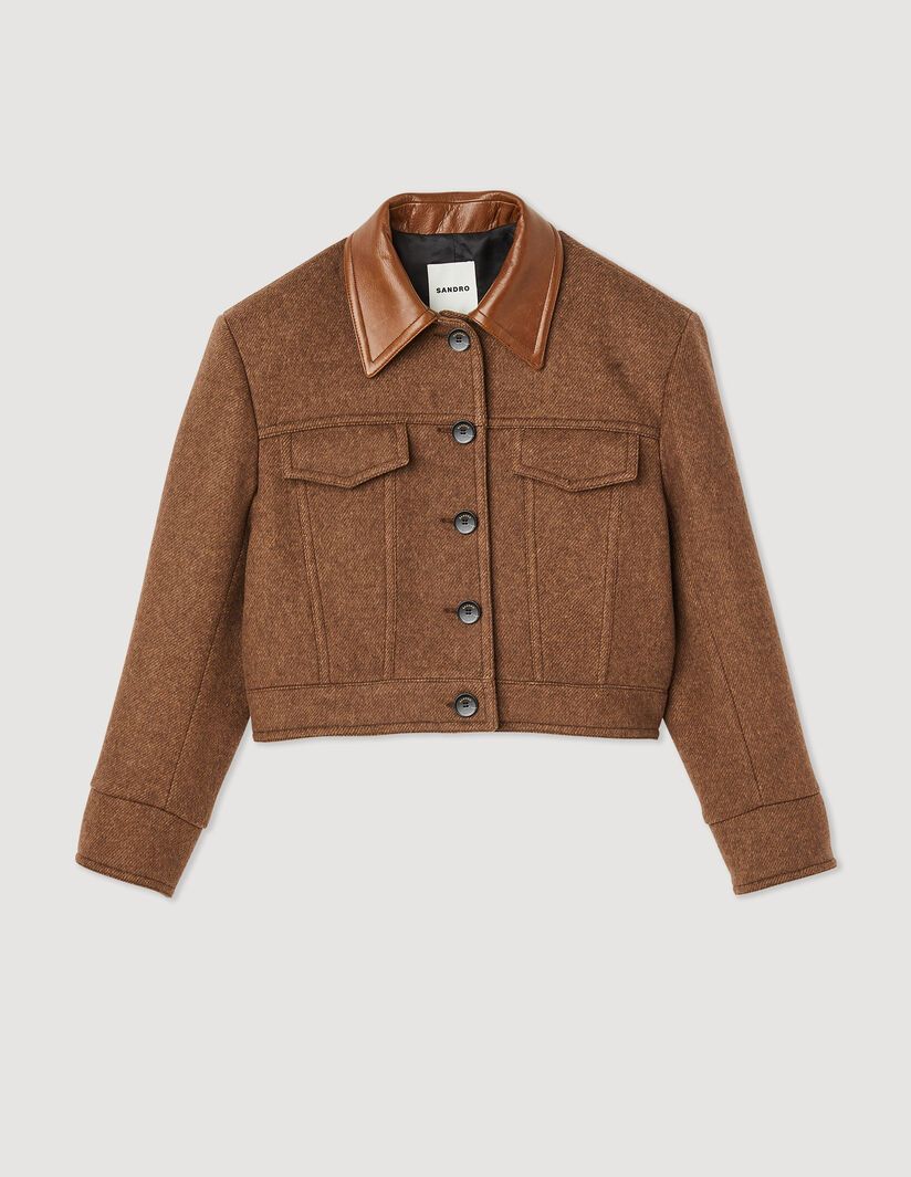 Short coat with leather collar | Sandro-Paris US